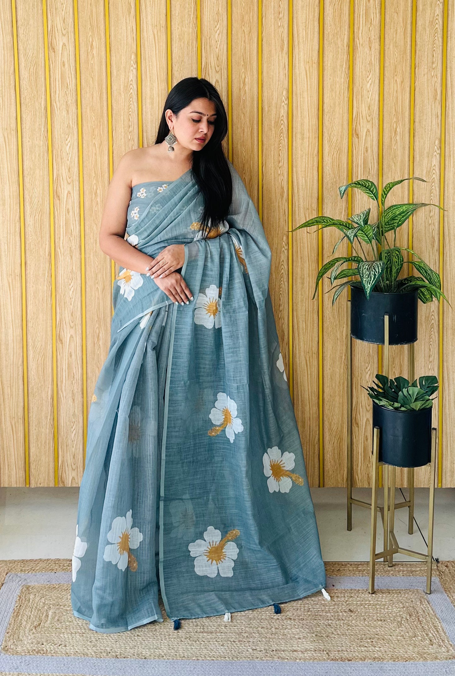 Stone Champa-2 Soft Linen Cotton Digital Print Sarees With Flower Print & Printed Pallu