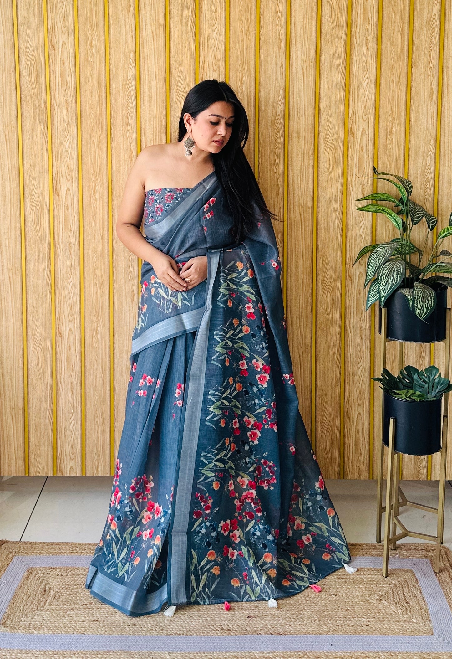 Dark Gray Ritika Soft Linen Cotton Digital Print Saree With Batik Print With Silver Border