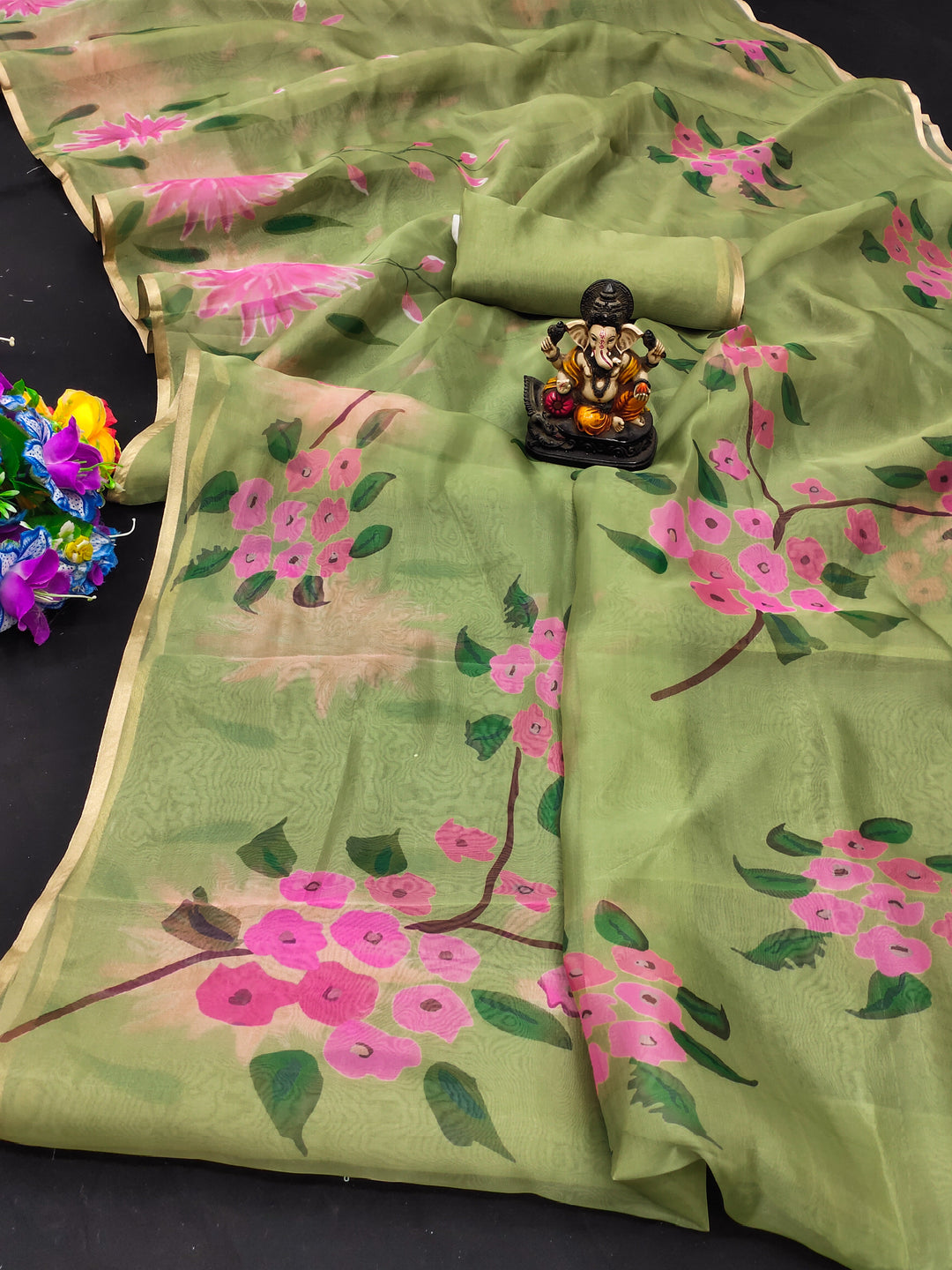 Green Shehnaz Organza Digital Print Soft Shiny Art Silk Saree With Inspired Gold Border