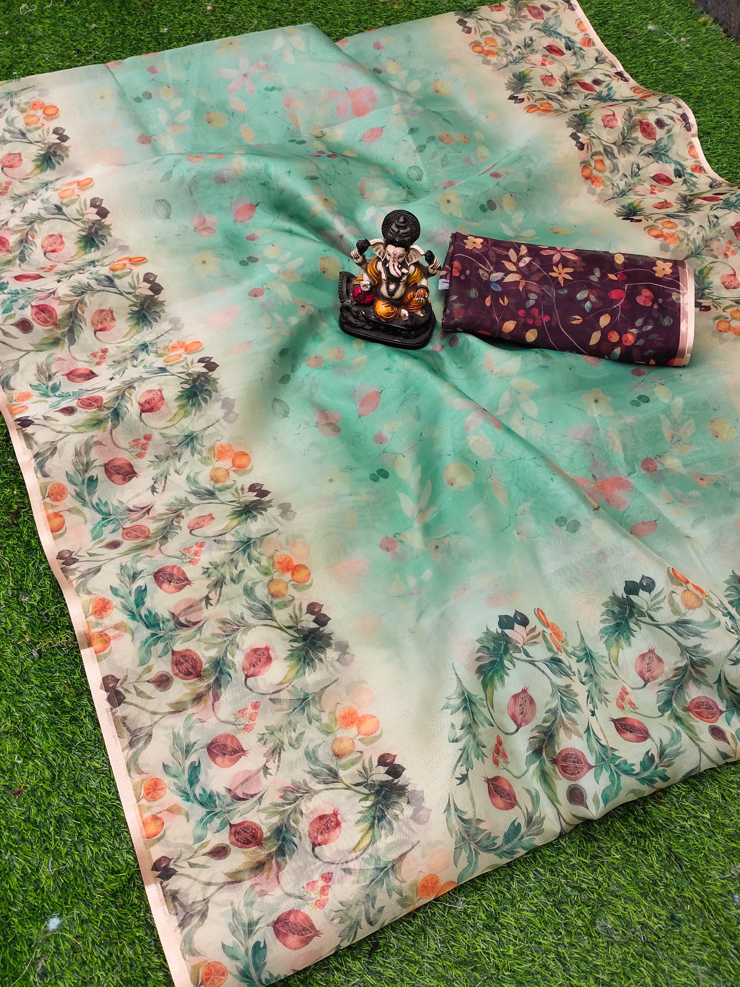 Sky Blue Mumtaz Organza Digital Print Soft Shiny Art Silk Saree With Inspired Gold Border