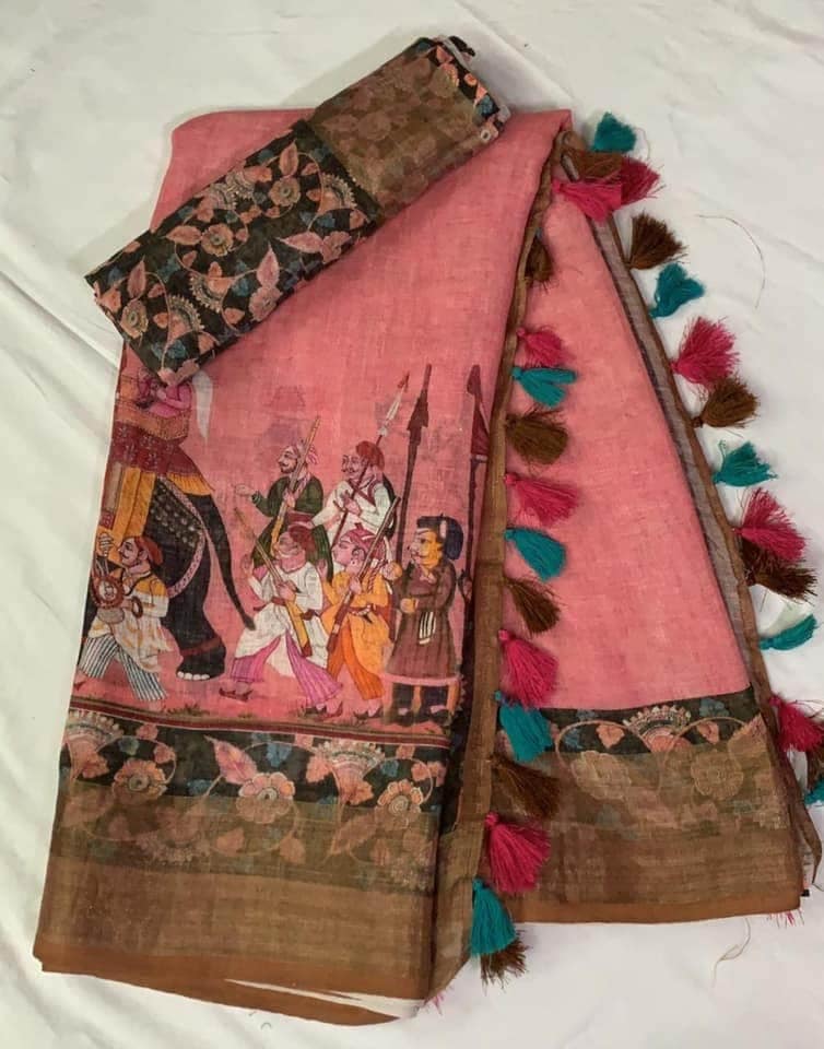 Peach Color Cotton Linen Saree With Unstitched Blouse Piece
