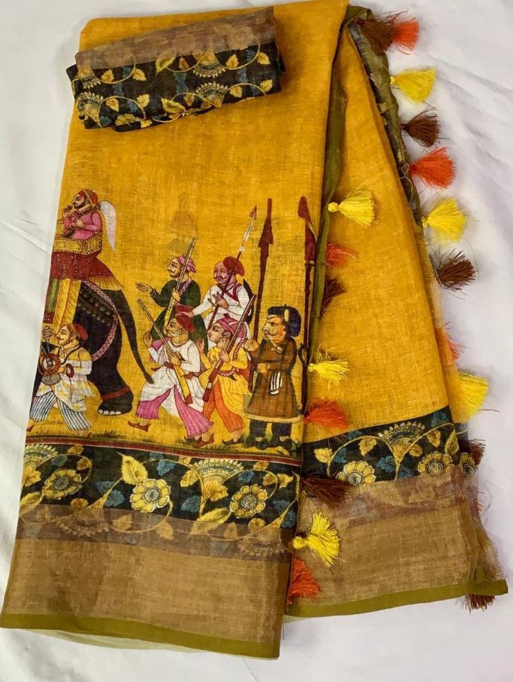 Yellow Color Kalamkari Print Cotton Linen Saree with Unstitched Blouse