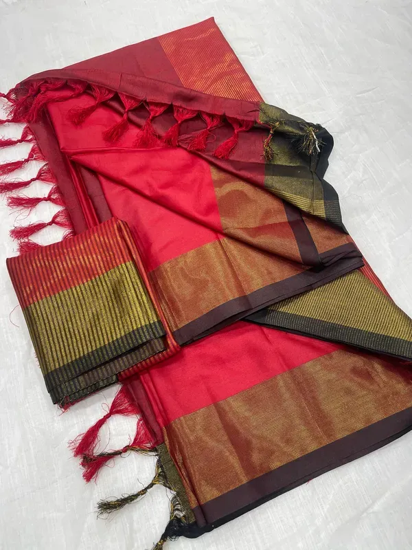 Red Color Cotton Linen Saree With Unstitched Blouse Piece