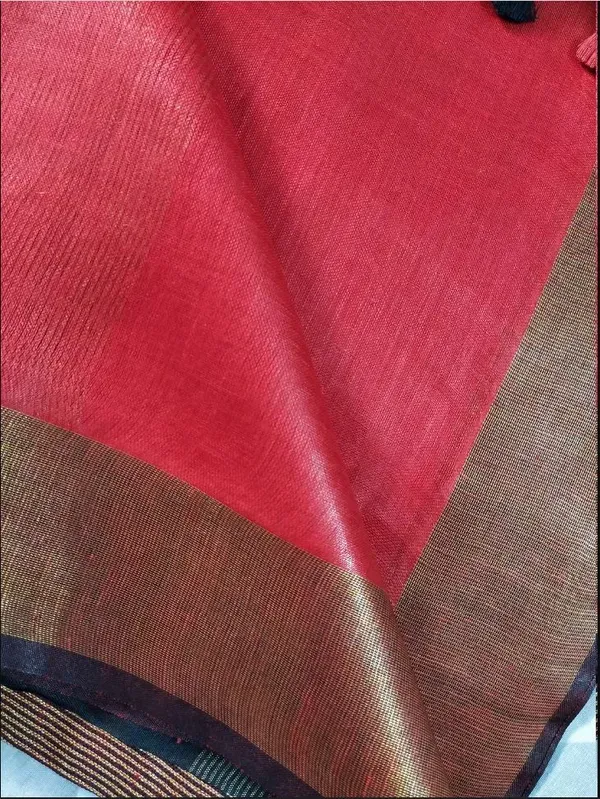 Red Color Cotton Linen Saree With Unstitched Blouse Piece