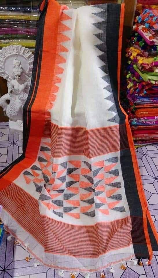 Orange and White Color Cotton Linen Saree With Unstitched Blouse Piece