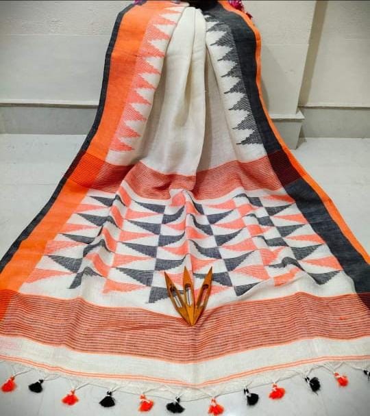 Orange and White Color Cotton Linen Saree With Unstitched Blouse Piece