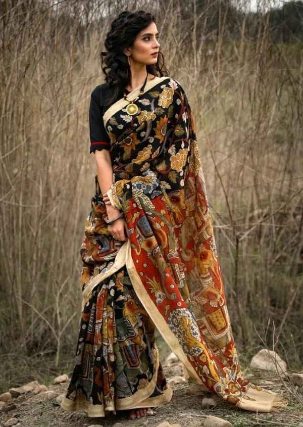 Multi Color Cotton Linen Saree With Unstitched Blouse Piece