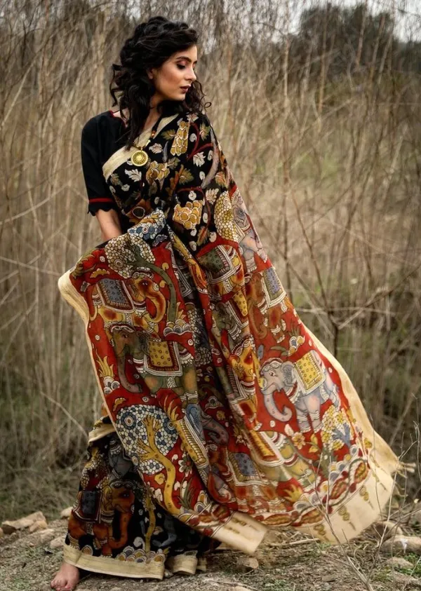 Multi Color Cotton Linen Saree With Unstitched Blouse Piece