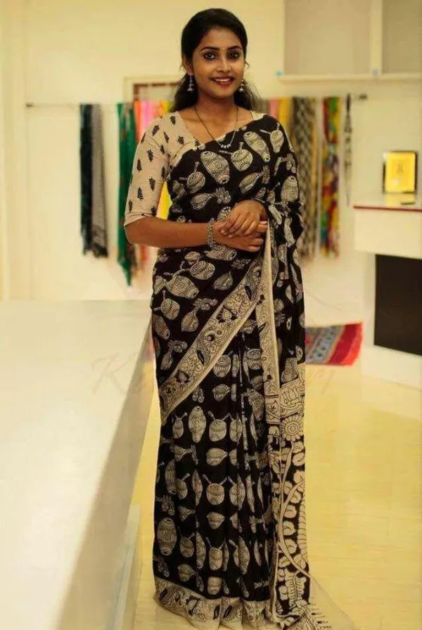Black Color Cotton Linen Saree With Unstitched Blouse Piece