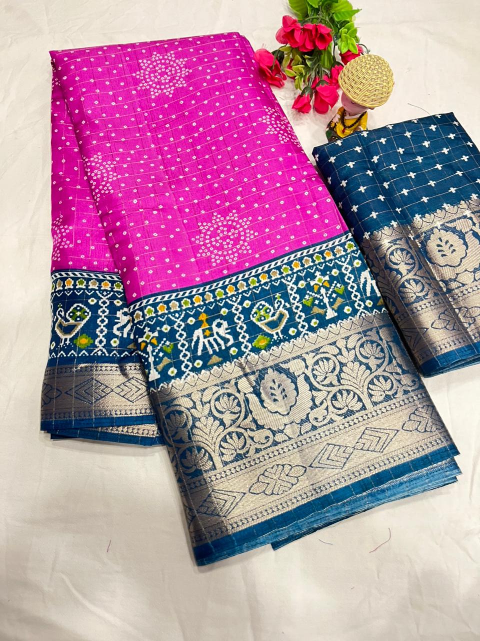 Pink Color Soft Dola Cotton Saree With Kalamkari Print, Kanjivaram Zari Border & Pallu