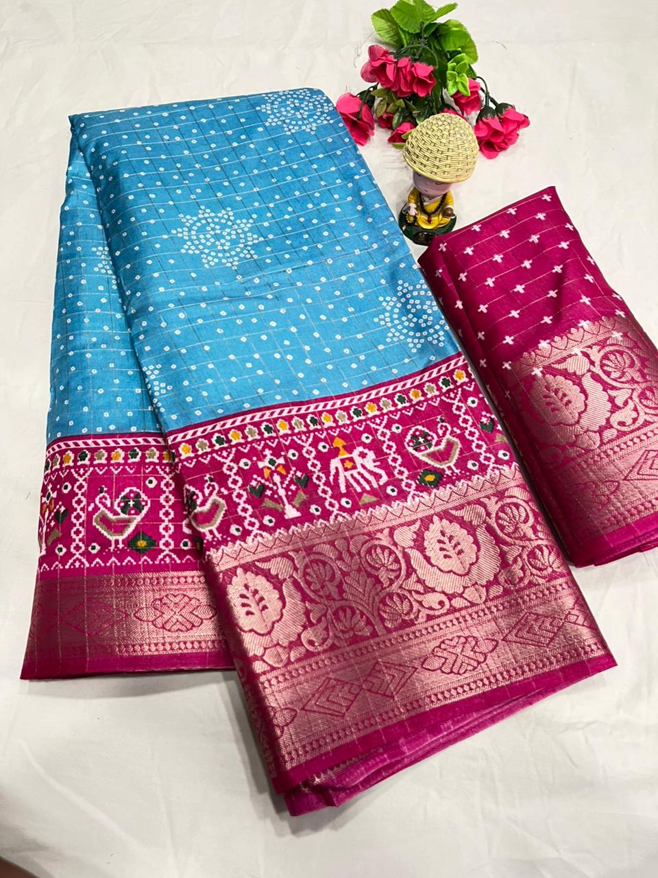 Sky Blue Color Soft Dola Cotton Saree With Kalamkari Print, Kanjivaram Zari Border & Pallu
