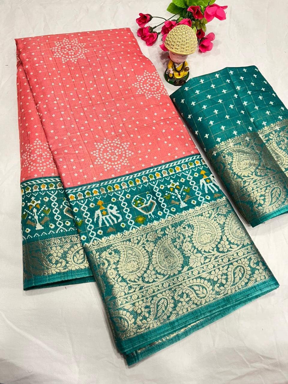 Peach Color Soft Dola Cotton Saree With Kalamkari Print, Kanjivaram Zari Border & Pallu