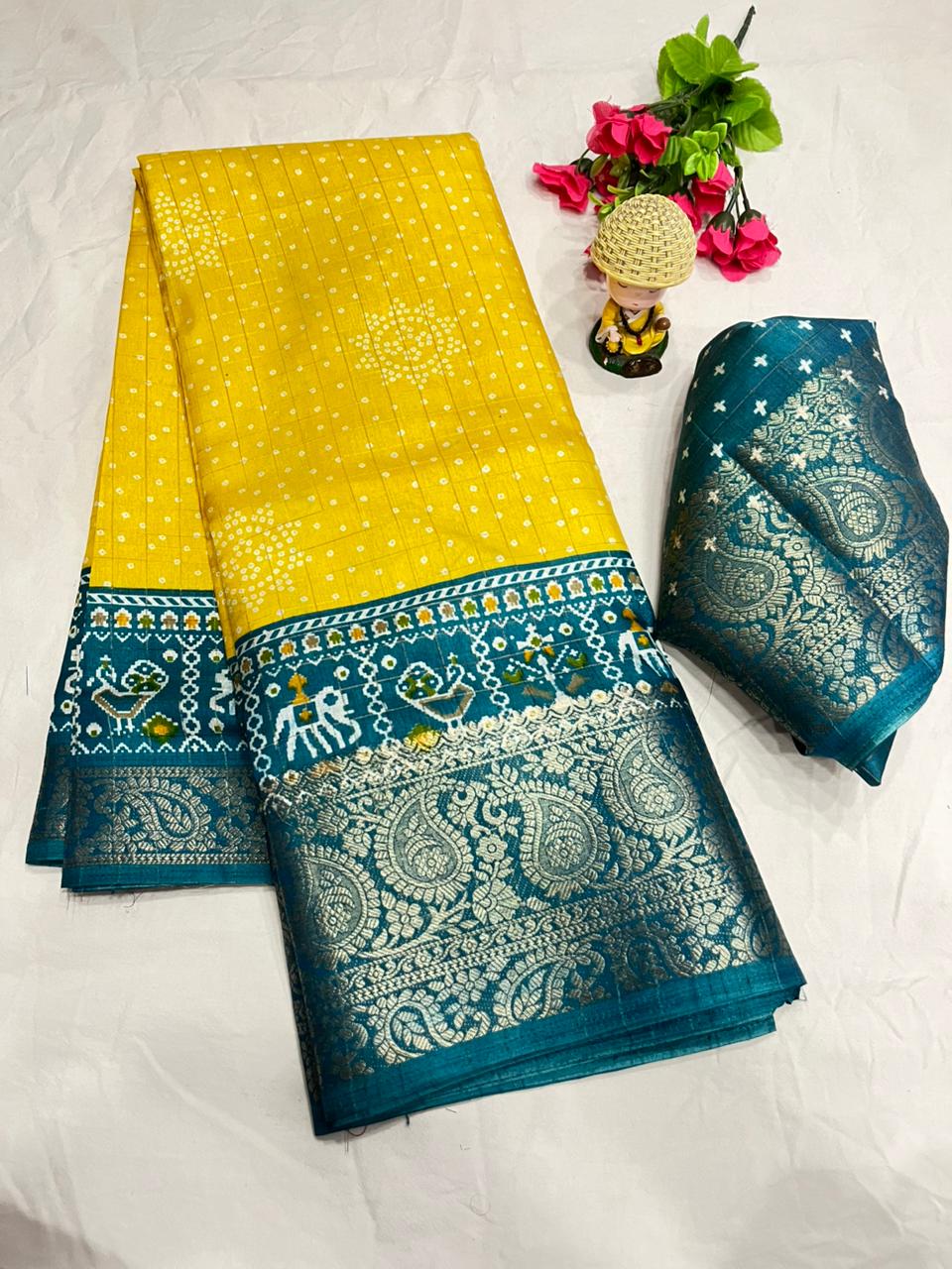 Yellow Color Soft Dola Cotton Saree With Kalamkari Print, Kanjivaram Zari Border & Pallu