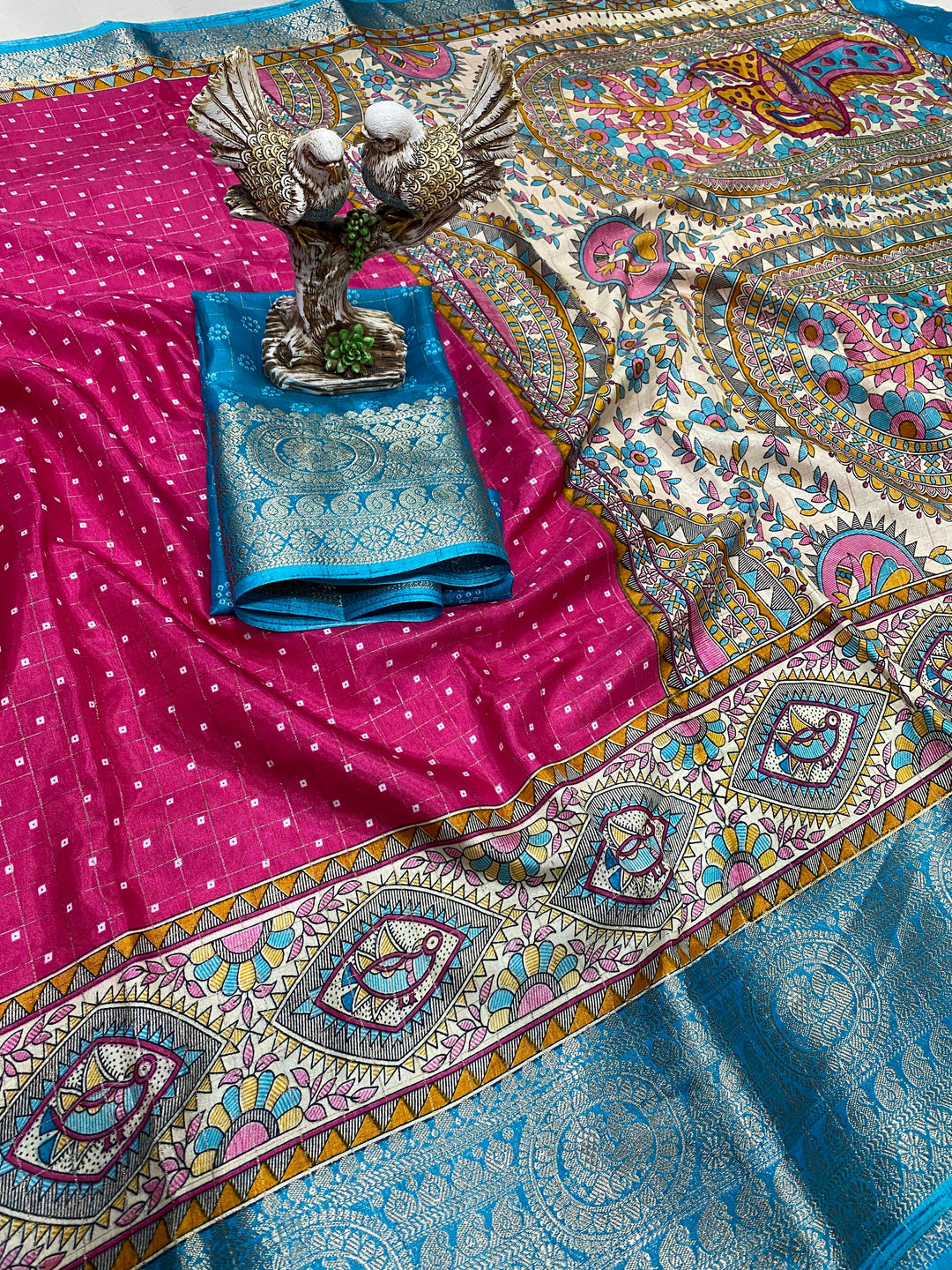 Pink-blue Color Soft Dola Cotton Saree With Kanjivaram Zari Border & Pallu Unstitched Blouse Piece