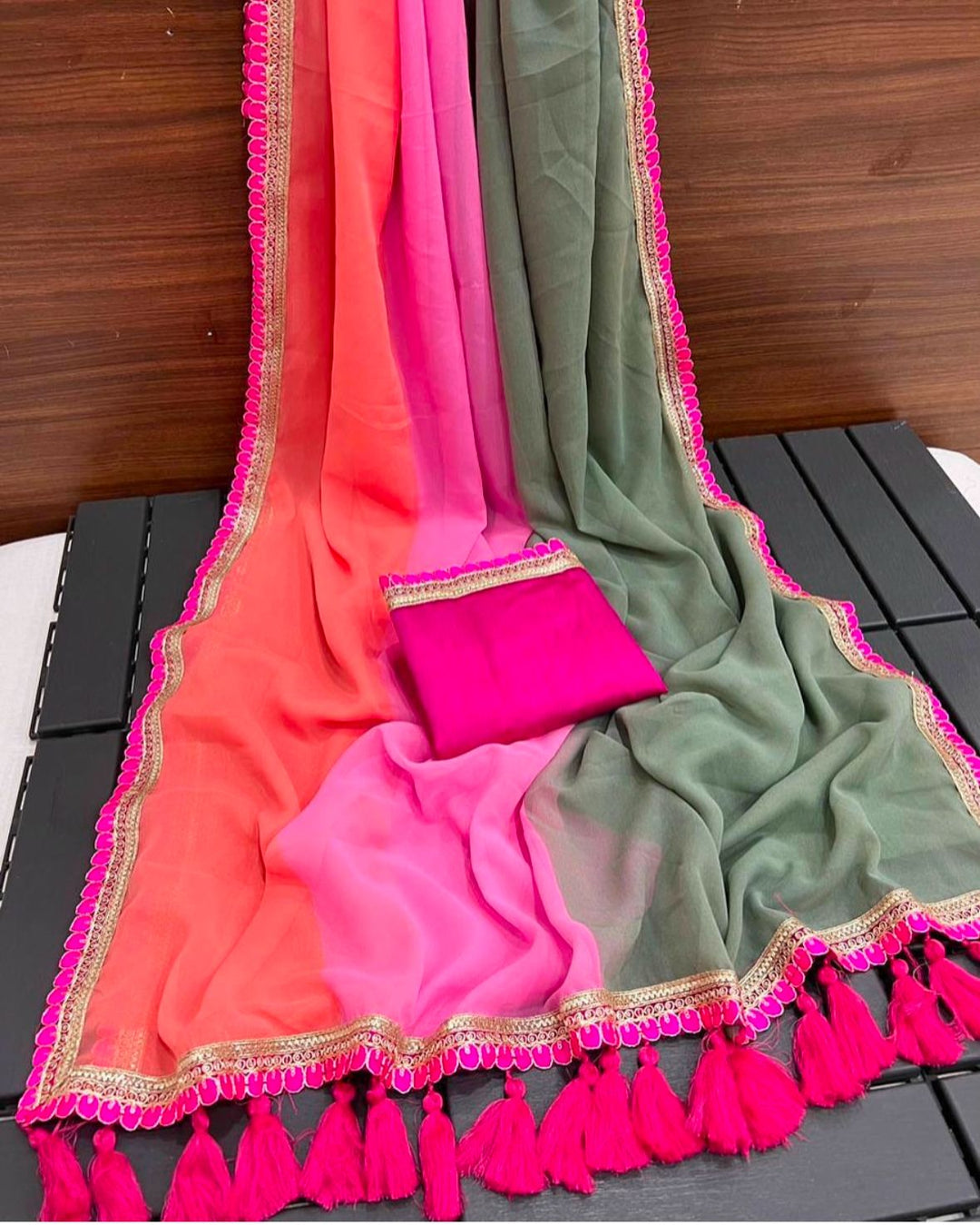 Multi Colour Smoth Georgette with beautiful embroidery lace border with beautiful latkan