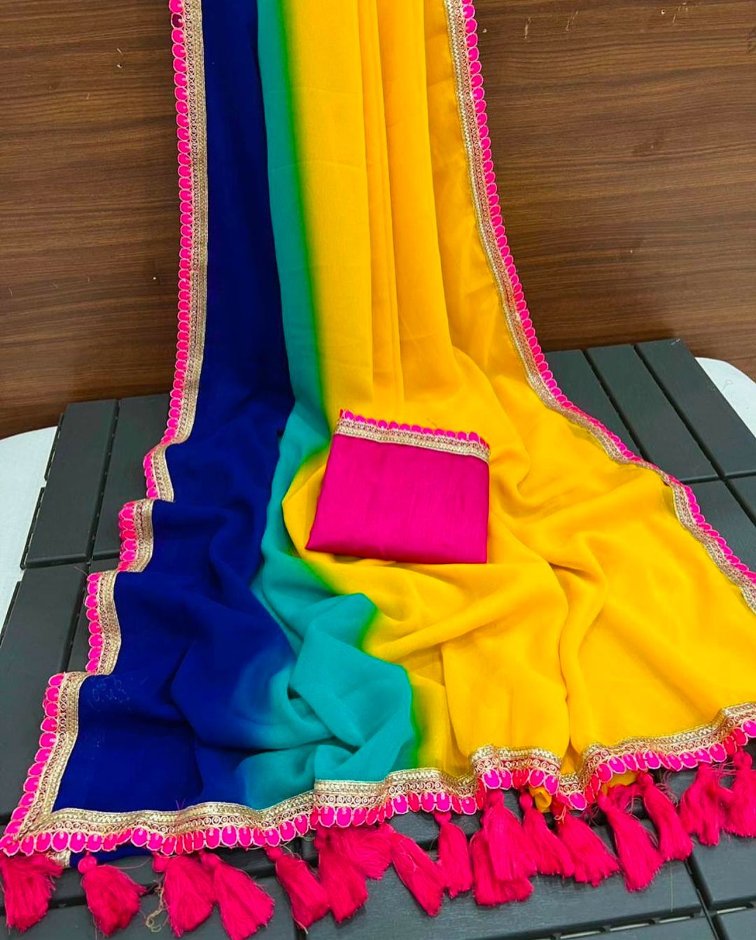 Multi Colour Smoth Georgette with beautiful embroidery lace border with beautiful latkan