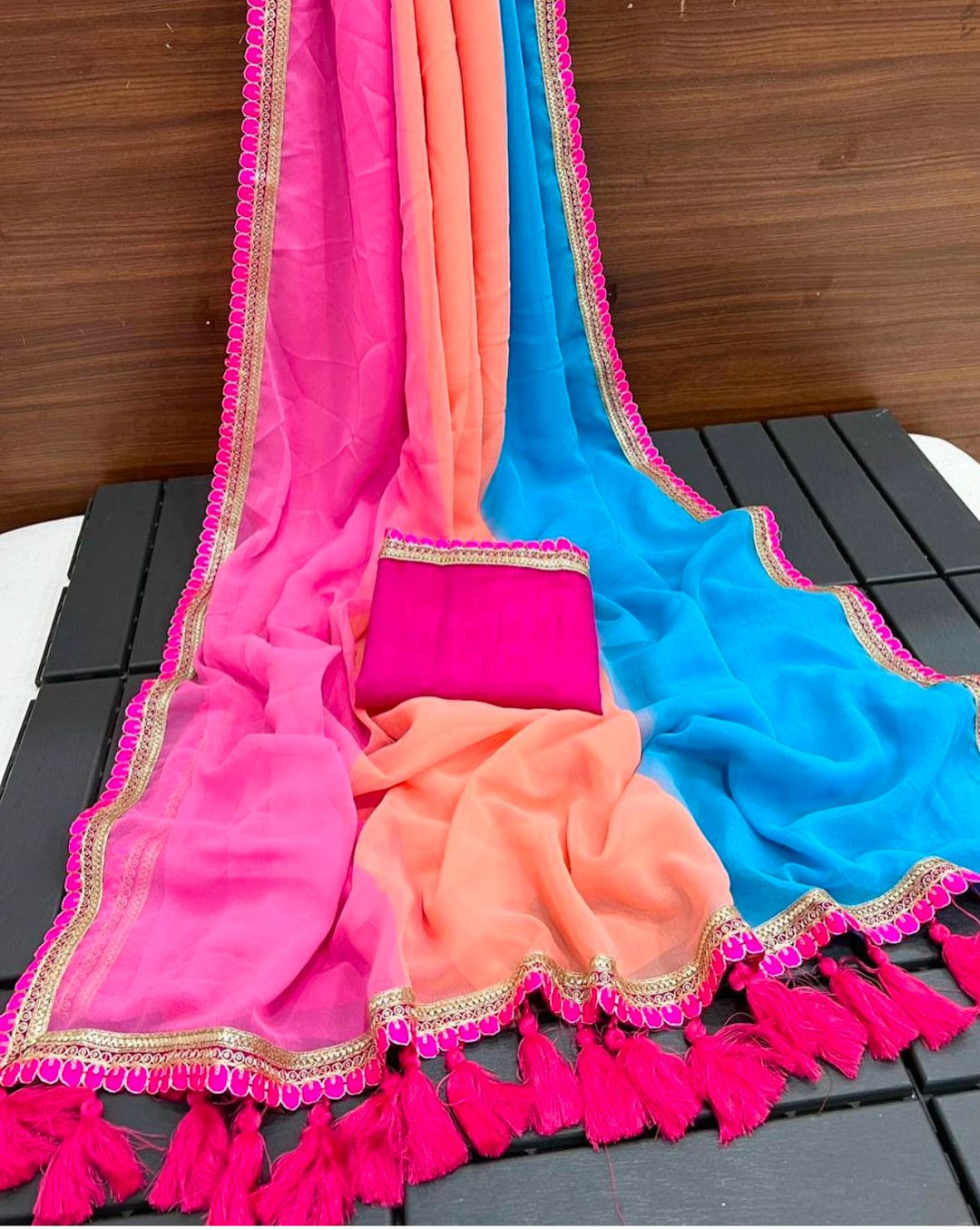 Multi Colour Smoth Georgette with beautiful embroidery lace border with beautiful latkan