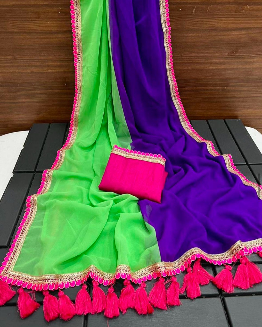 Multi Colour Smoth Georgette with beautiful embroidery lace border with beautiful latkan