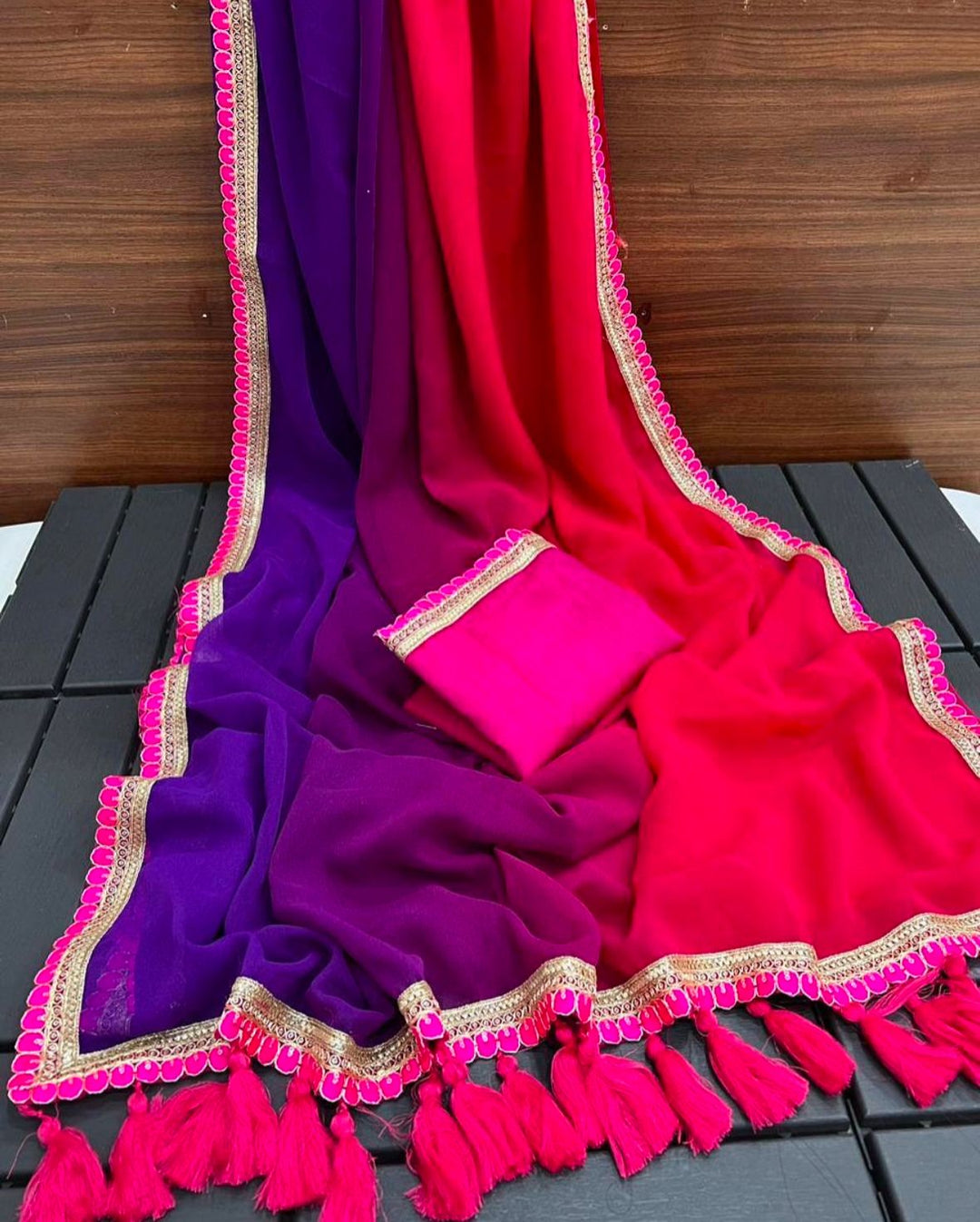 Multi Colour Smoth Georgette with beautiful embroidery lace border with beautiful latkan