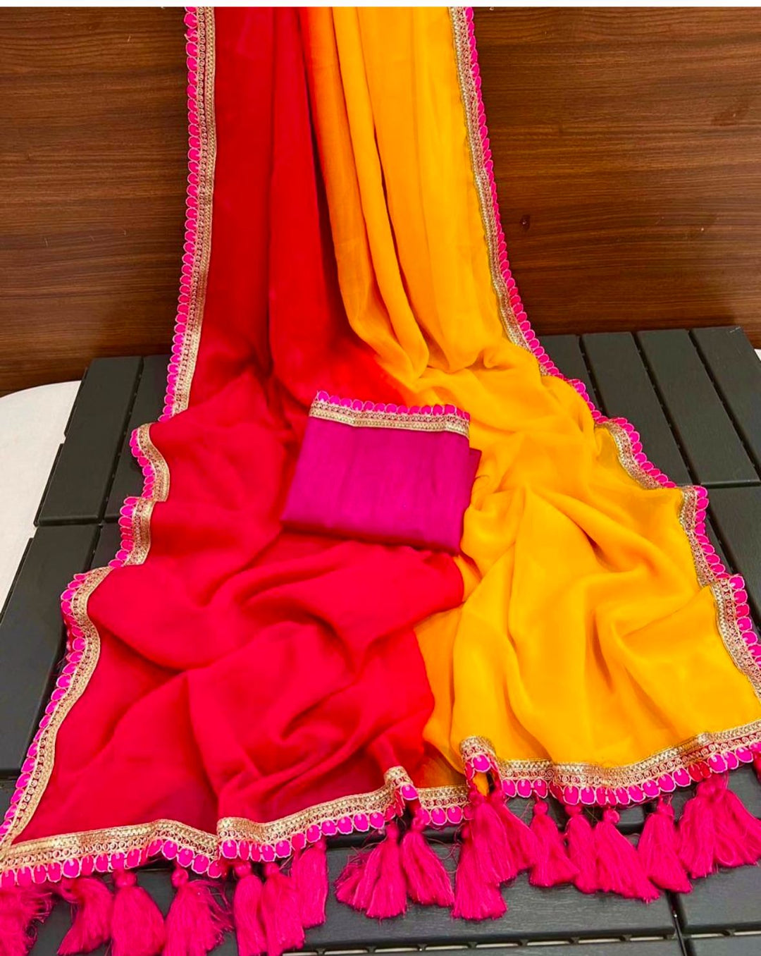 Multi Colour Smoth Georgette with beautiful embroidery lace border with beautiful latkan
