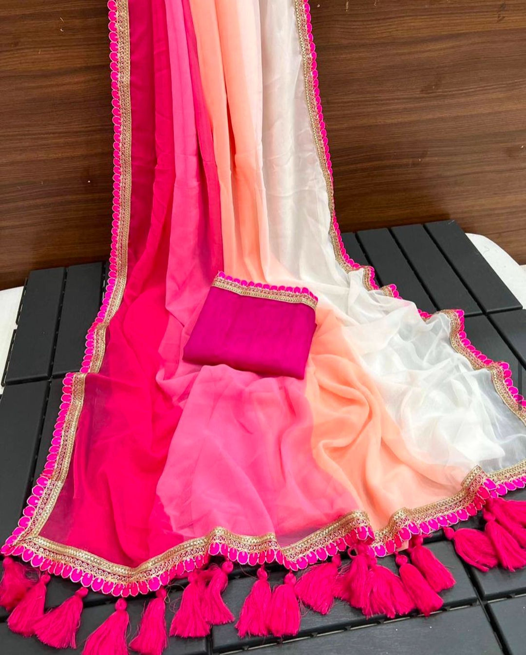 Multi Colour Smoth Georgette with beautiful embroidery lace border with beautiful latkan