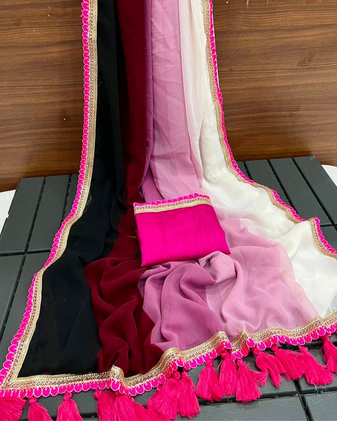 Multi Colour Smoth Georgette with beautiful embroidery lace border with beautiful latkan
