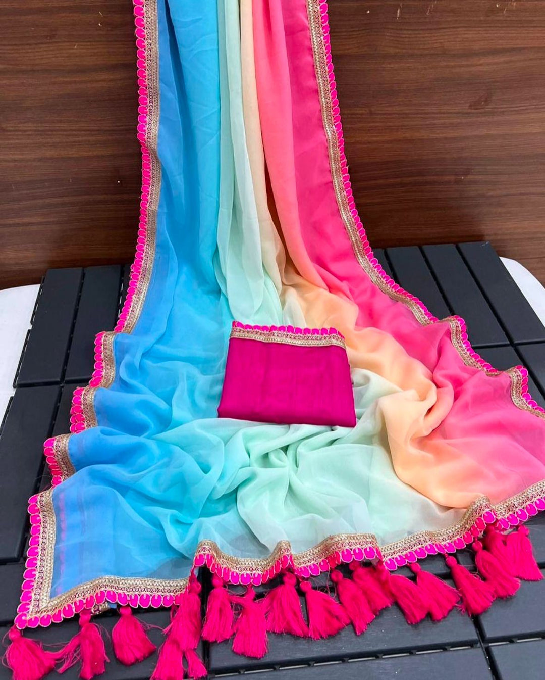Multi Colour Smoth Georgette with beautiful embroidery lace border with beautiful latkan