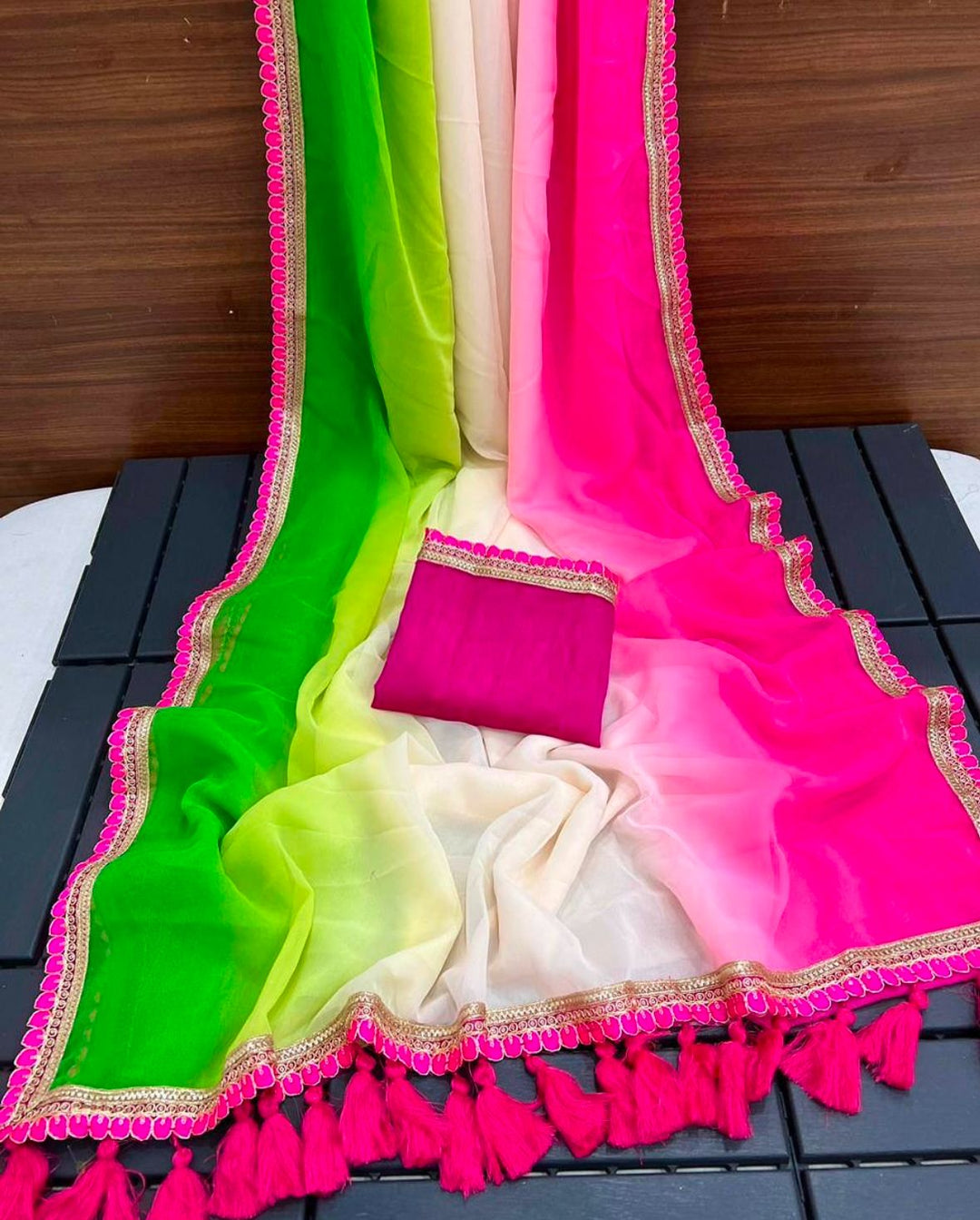 Multi Colour Smoth Georgette with beautiful embroidery lace border with beautiful latkan