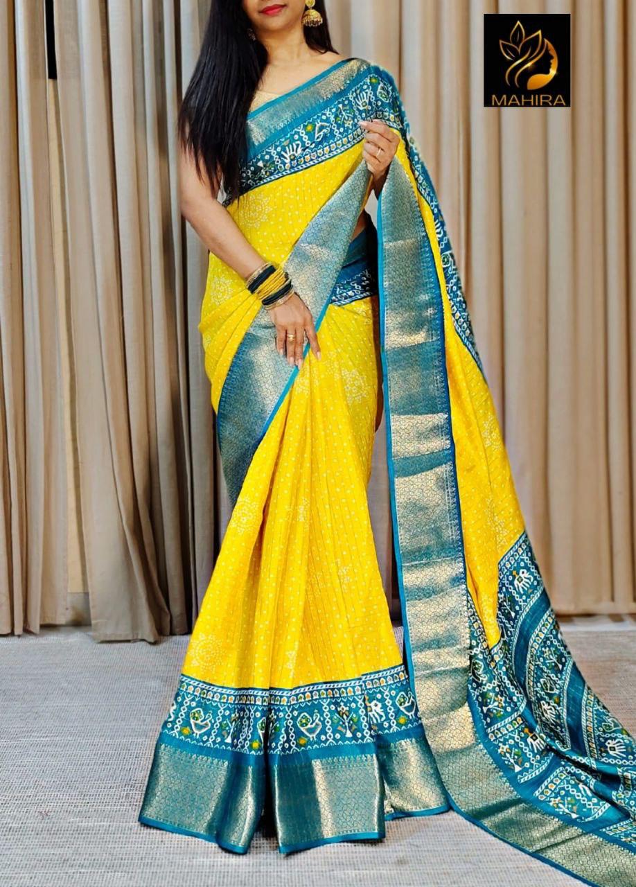 Yellow Color soft Dola cotton Kalamkari print saree with jecard kanjivaram zari border