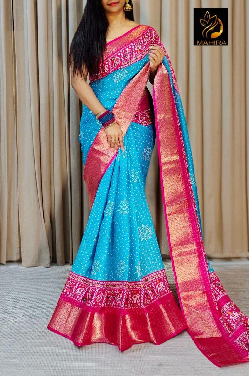 Blue Color soft Dola cotton Kalamkari print saree with jecard kanjivaram zari border