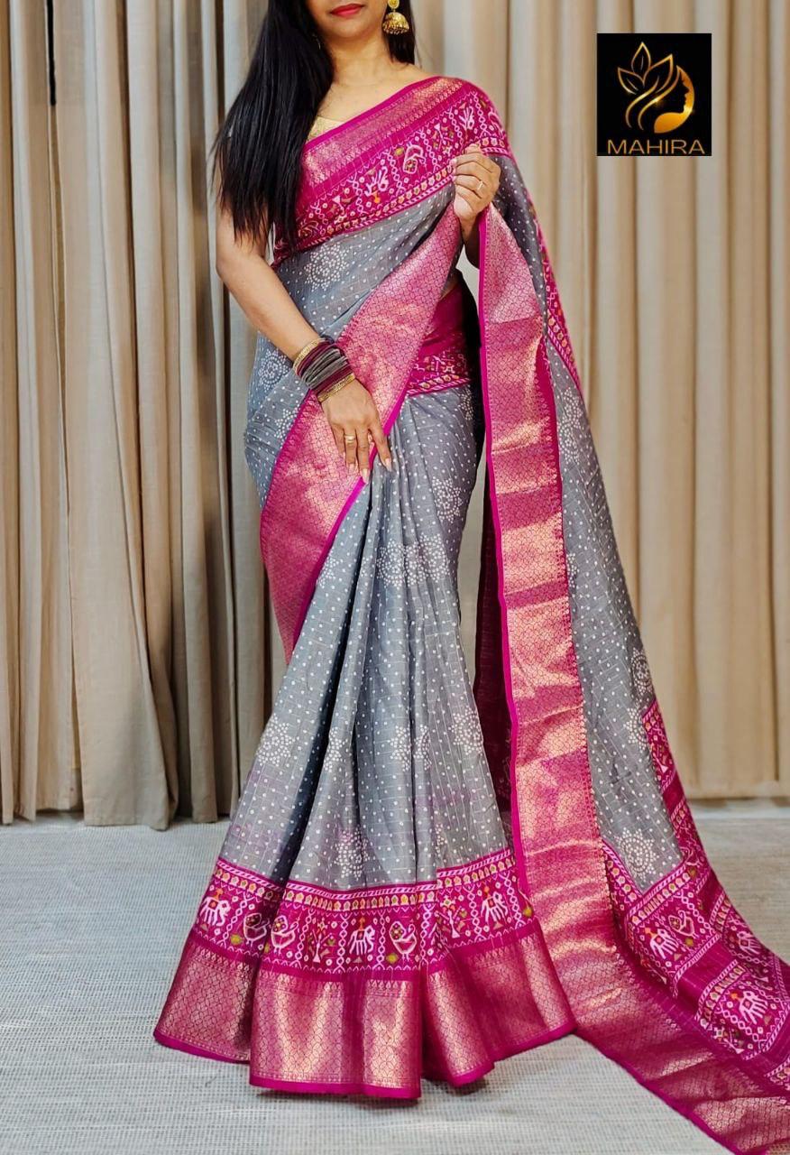 Grey Color soft Dola cotton Kalamkari print saree with jecard kanjivaram zari border