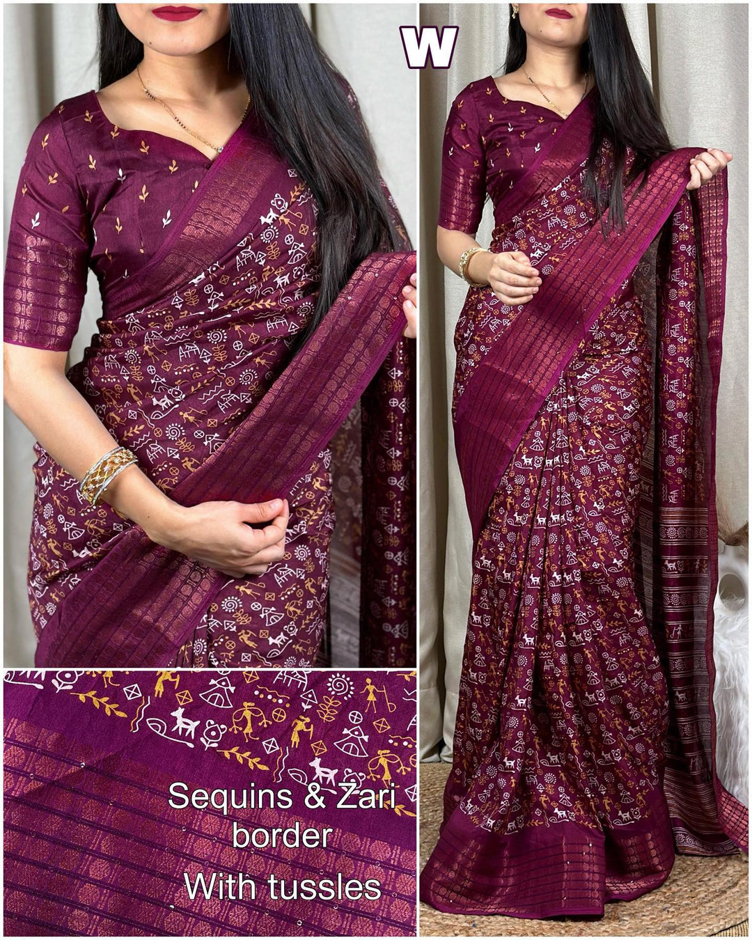 Wine Color cotton saree With kalamkari print on saree