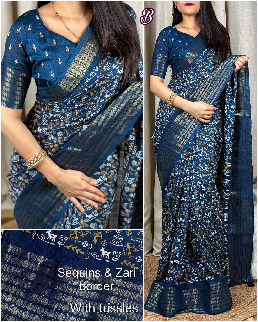 Blue Color cotton saree With kalamkari print on saree