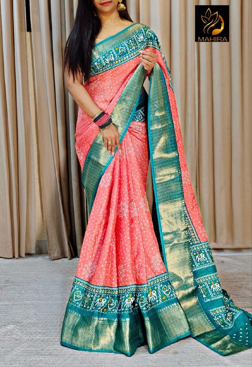 Peach Color soft Dola cotton Kalamkari print saree with jecard kanjivaram zari border
