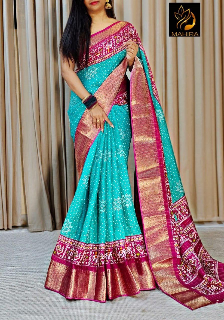 Teal Color soft Dola cotton Kalamkari print saree with jecard kanjivaram zari border