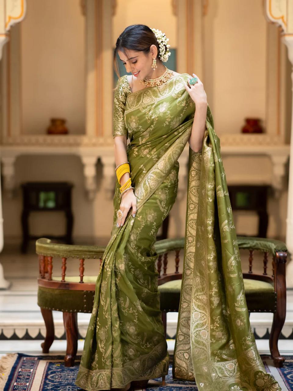 Mehndi Color Kanjivaram silk saree Jari Work With Blouse Piece