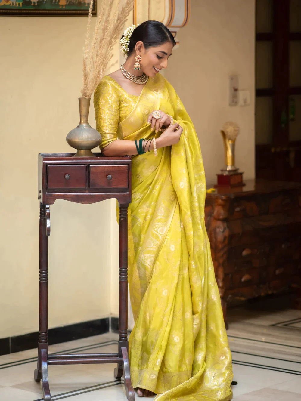 Lemon Color Kanjivaram silk saree Jari Work With Blouse Piece