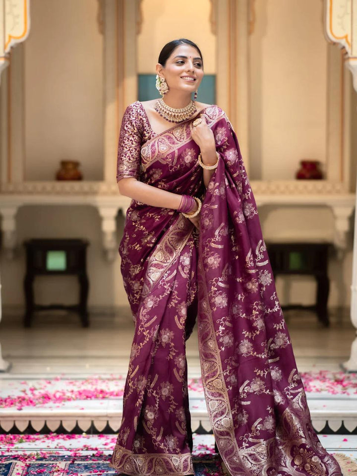 Wine Color Kanjivaram silk saree Jari Work With Blouse Piece