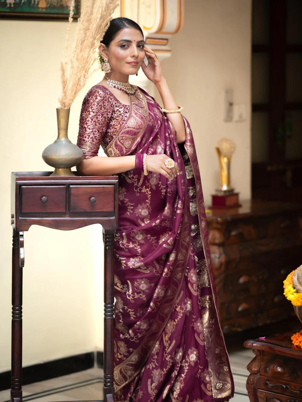 Wine Color Kanjivaram silk saree Jari Work With Blouse Piece