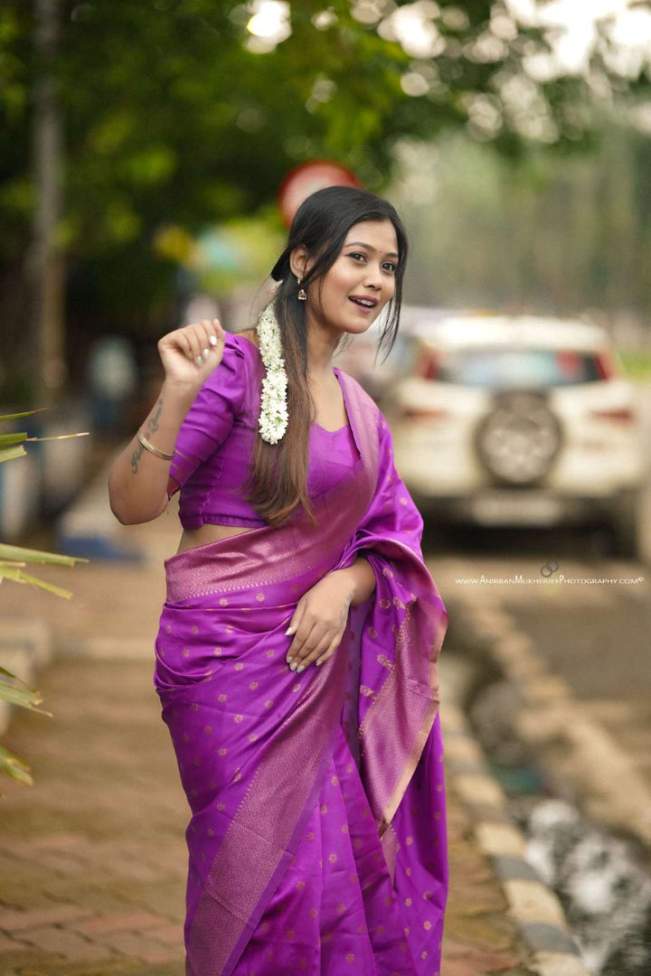Purple Color Polka Print Jacquard Banarasi Saree with Border and Tussel.