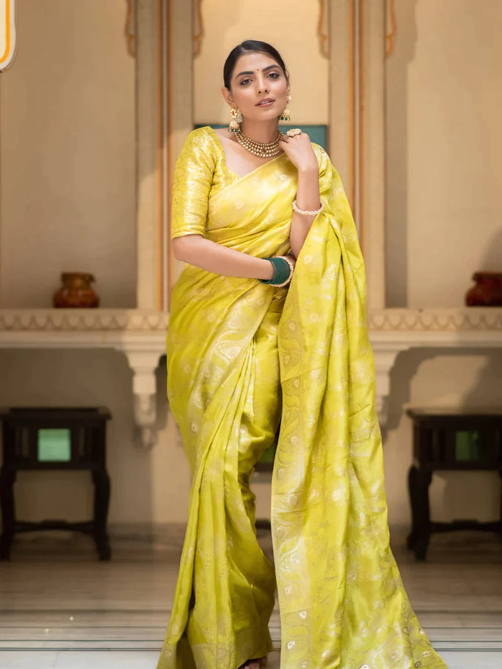 Lemon Color Kanjivaram silk saree Jari Work With Blouse Piece