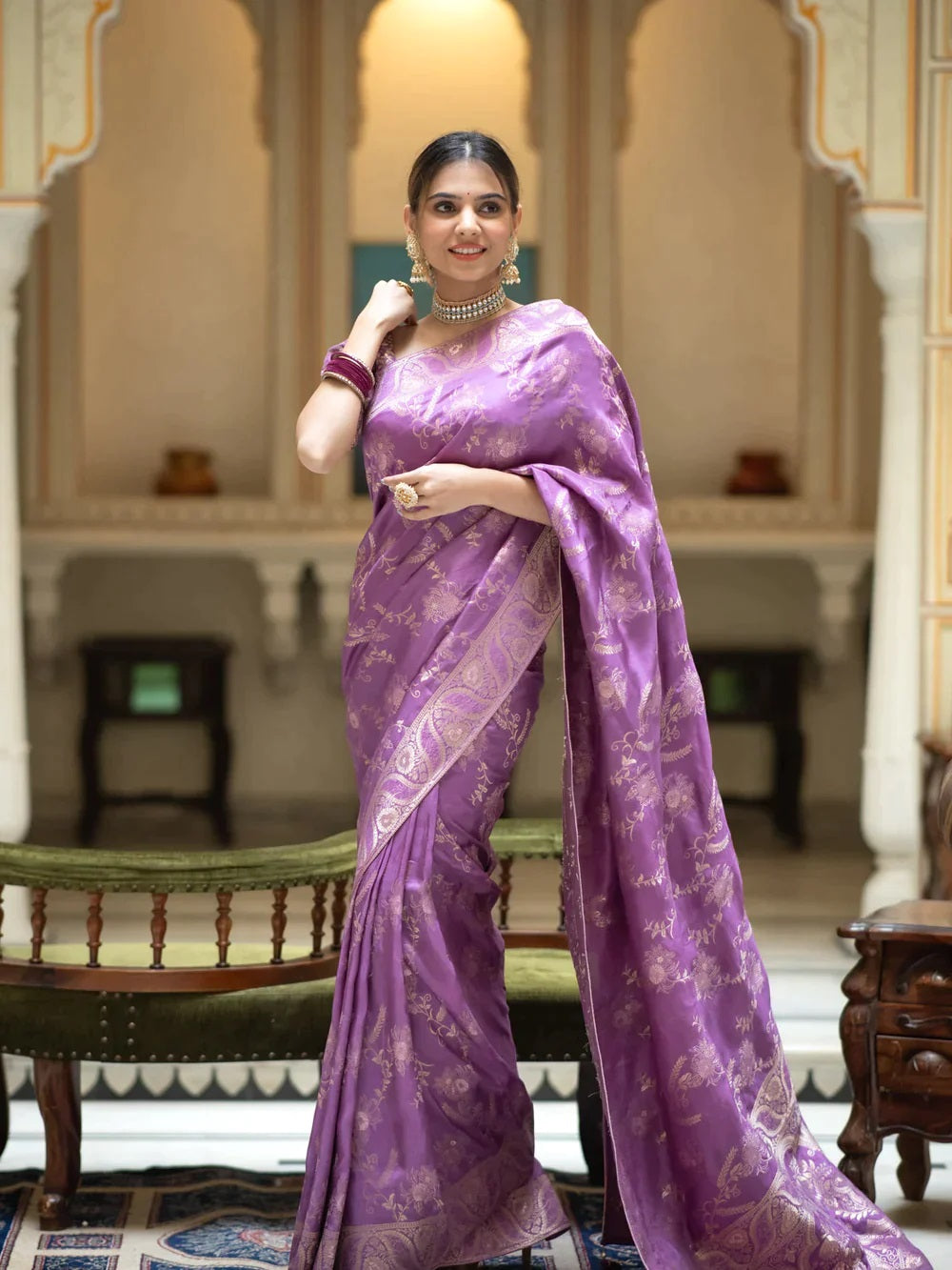 Lavender Color Kanjivaram silk saree Jari Work With Blouse Piece