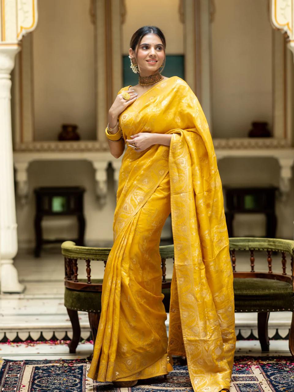 Yellow Color Kanjivaram silk saree Jari Work With Blouse Piece