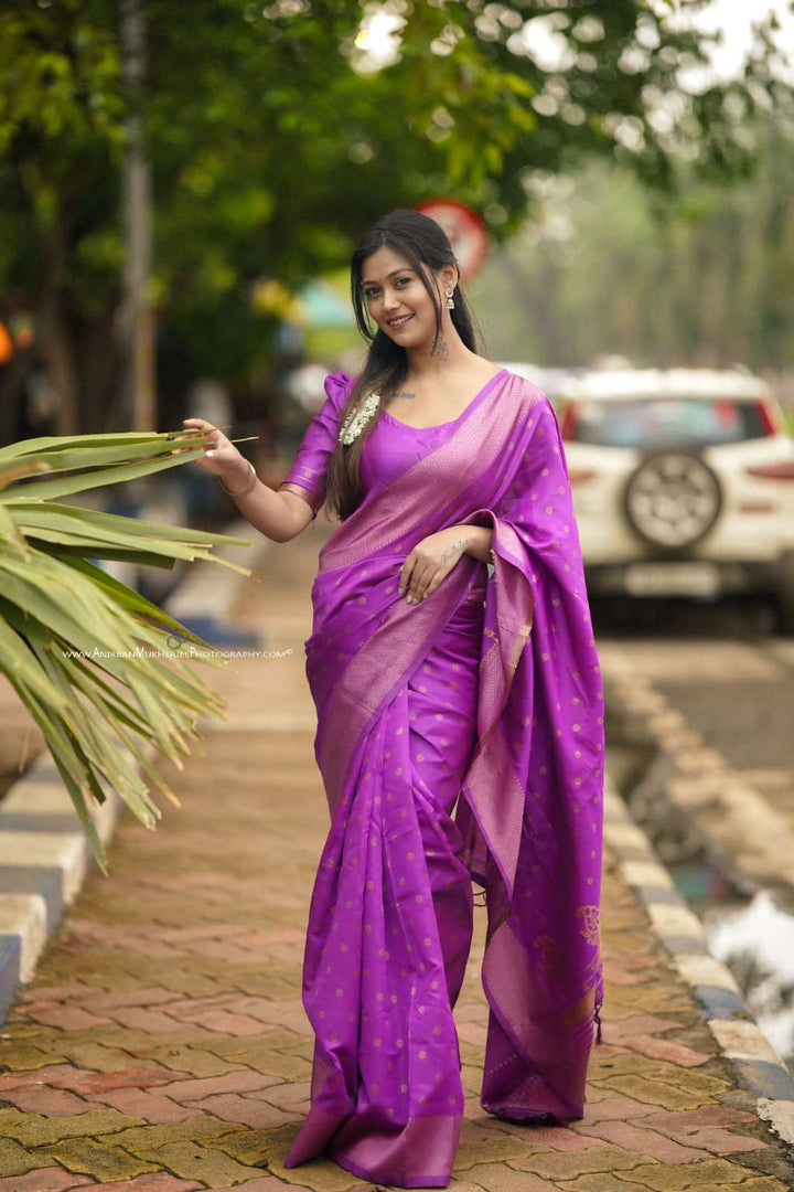 Purple Color Polka Print Jacquard Banarasi Saree with Border and Tussel.