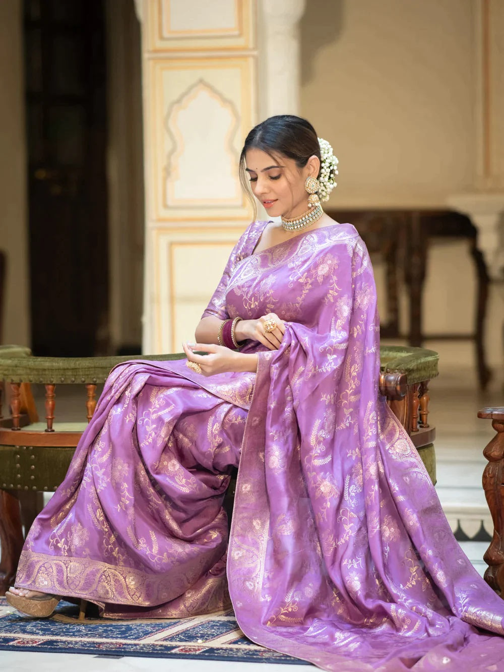 Lavender Color Kanjivaram silk saree Jari Work With Blouse Piece