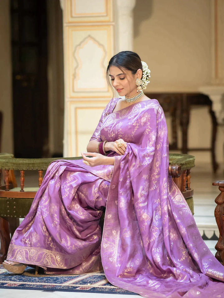 Lavender Color Kanjivaram silk saree Jari Work With Blouse Piece