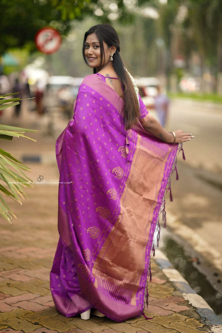 Purple Color Polka Print Jacquard Banarasi Saree with Border and Tussel.