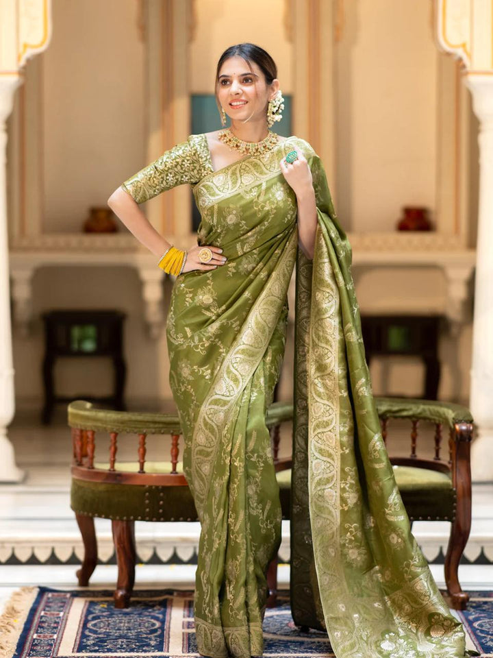 Mehndi Color Kanjivaram silk saree Jari Work With Blouse Piece