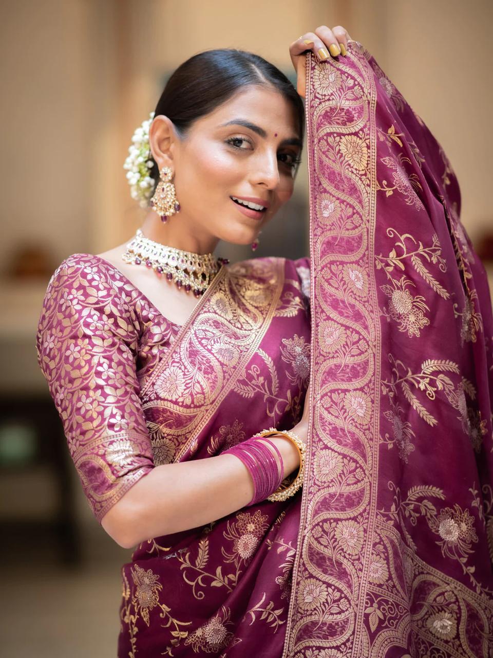 Wine Color Kanjivaram silk saree Jari Work With Blouse Piece