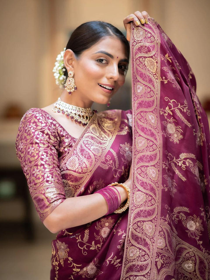 Wine Color Kanjivaram silk saree Jari Work With Blouse Piece